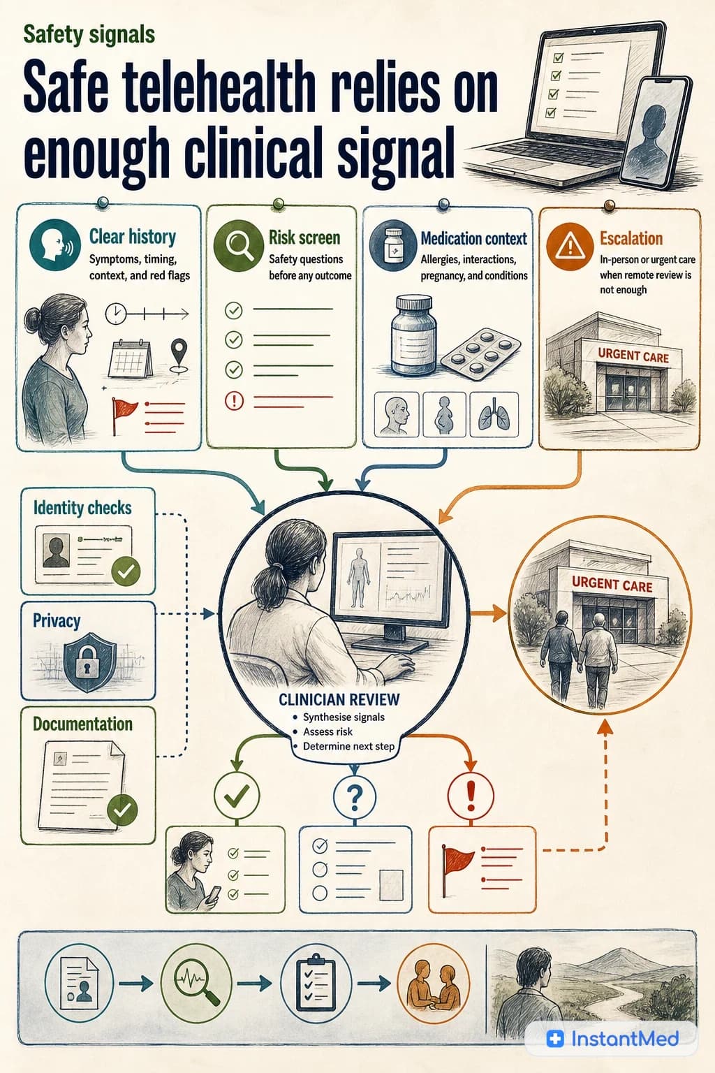 Safe telehealth relies on enough clinical signal. Good remote care depends on history, risk screening, identity, medication context, and escalation pathways.